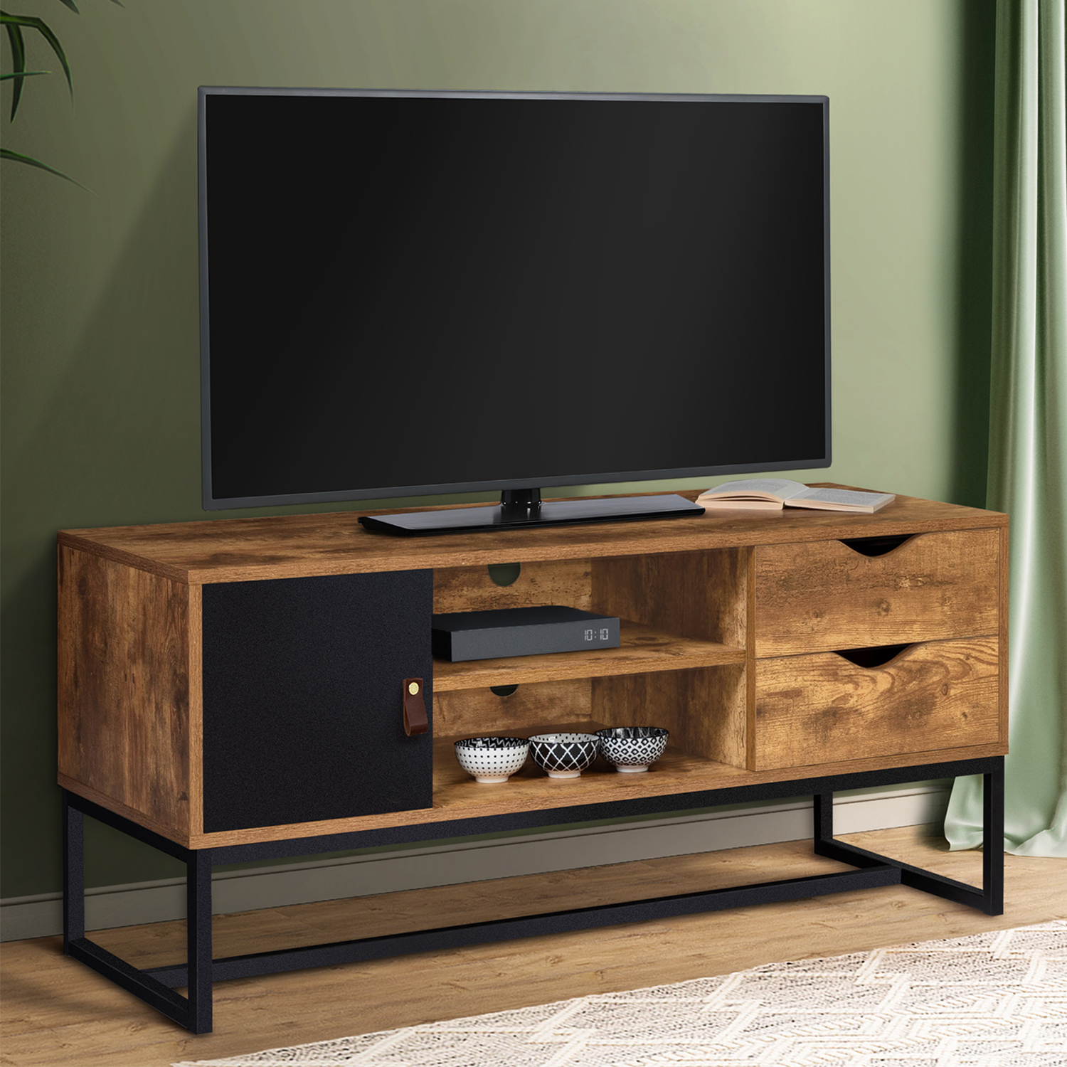 Meuble TV industriel bois métal 2 tiroirs avec placard