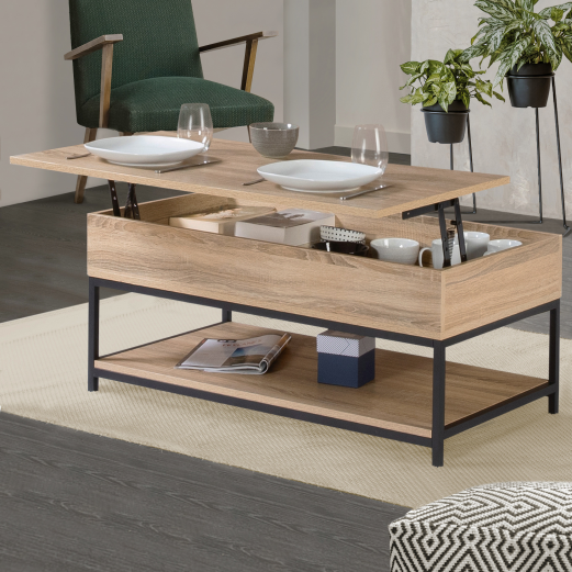 Table basse plateau relevable intégral DETROIT avec étagère inférieure design industriel Table basse plateau relevable intégral DETROIT avec étagère inférieure design industriel