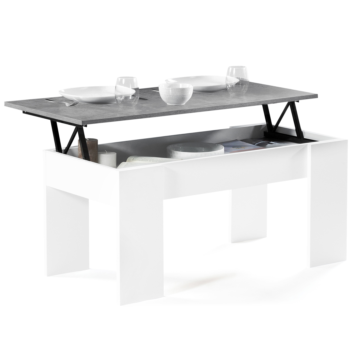 Table basse bois blanc plateau relevable effet béton