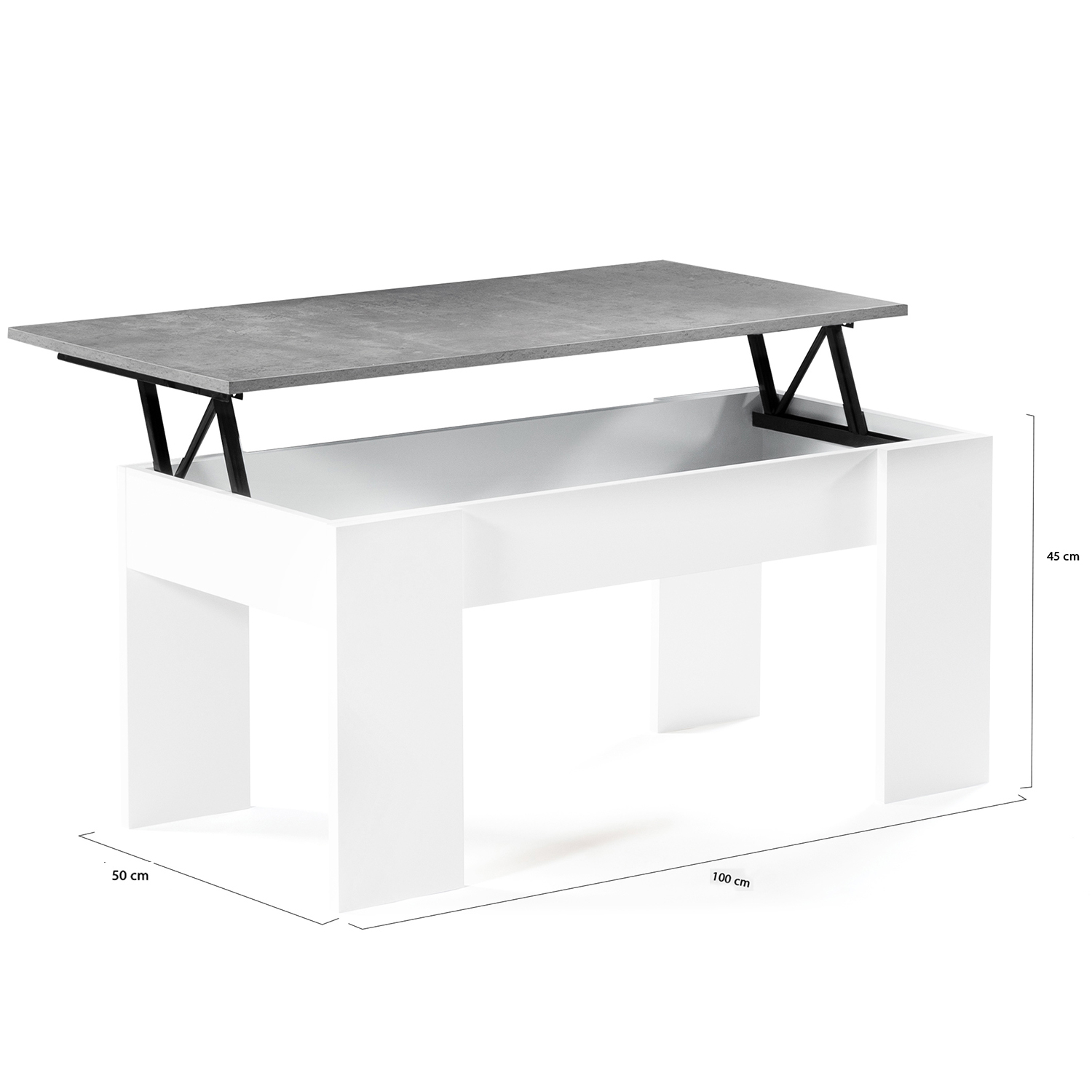 Table Basse Plateau Relevable IDMarket Tara - 100x50cm, Bois Blanc Et Effet Béton - Rangement Intégré