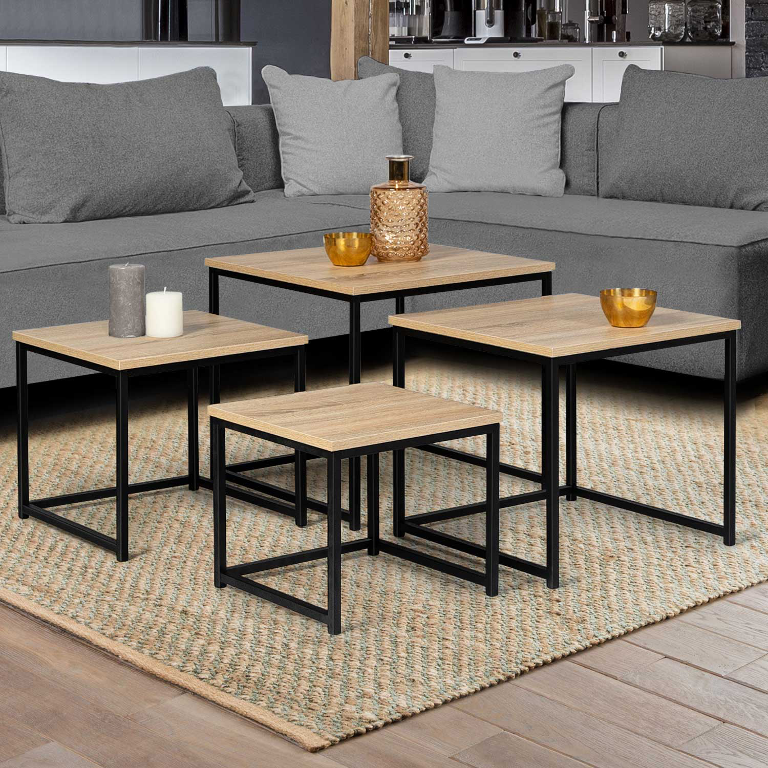 Lot 4 tables basses gigognes bois métal industrielles 35/40/45/50 cm