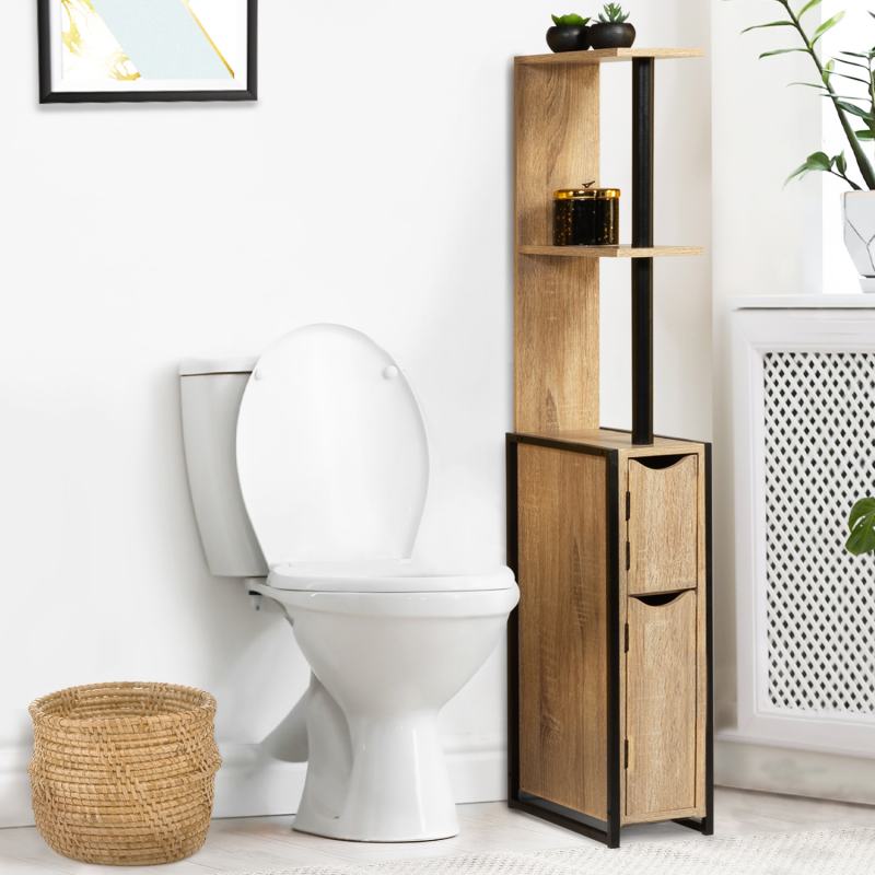 Meuble WC industriel bois et métal avec étagères et 2 portes - DETROIT