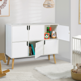 Meuble de Rangement Chambre Enfant Blanche avec 6 Paniers Bleus et Gris