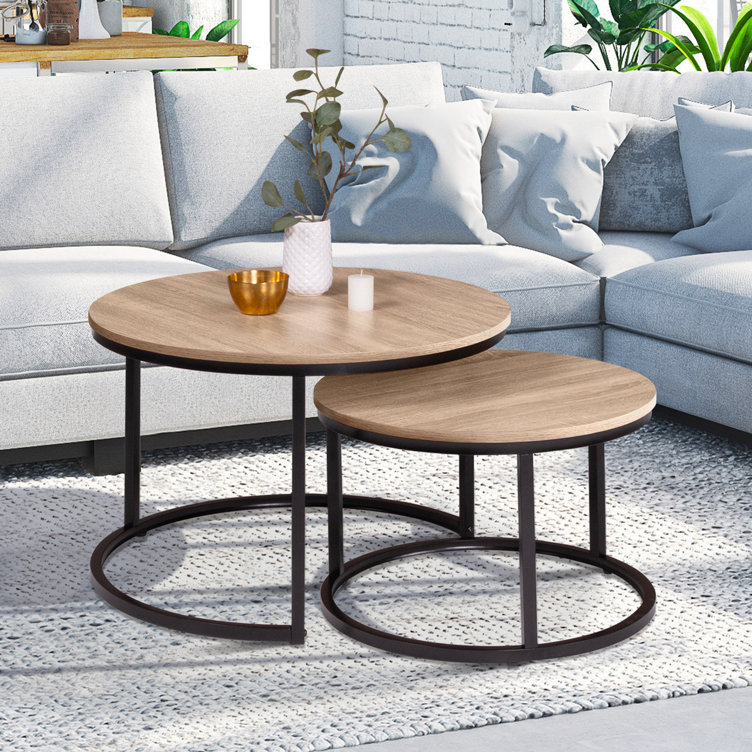 Lot 2 tables basses gigognes rondes bois métal industrielles