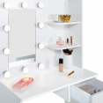 Coiffeuse moderne ZELIA blanche étagères, miroir LED et tabouret
