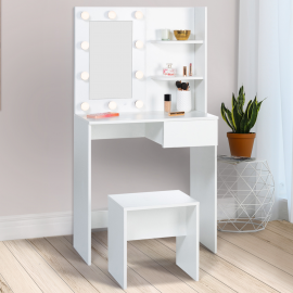 Coiffeuse moderne ZELIA blanche étagères, miroir LED et tabouret Coiffeuse moderne ZELIA blanche étagères, miroir LED et tabouret