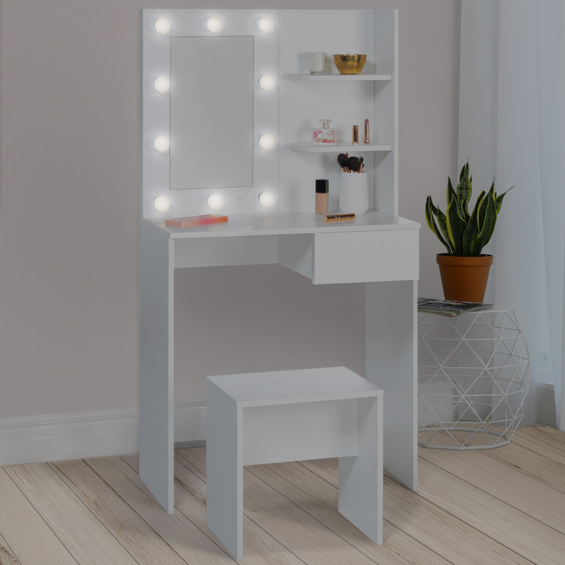 Coiffeuse moderne avec étagères, miroir LED et tabouret ZELIA ID Market