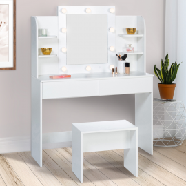 Coiffeuse moderne ZELIA blanche double étagères, miroir LED et tabouret