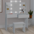 Coiffeuse moderne ZELIA blanche double étagères, miroir LED et tabouret