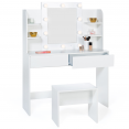 Coiffeuse moderne ZELIA blanche double étagères, miroir LED et tabouret