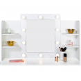 Coiffeuse moderne ZELIA blanche double étagères, miroir LED et tabouret