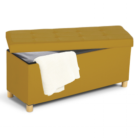 Banc coffre rangement sur pied 100 cm tissu jaune moutarde Banc coffre rangement sur pied 100 cm tissu jaune moutarde
