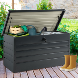 Coffre de rangement jardin en métal gris anthracite 350L verrouillable Coffre de rangement jardin en métal gris anthracite 350L verrouillable
