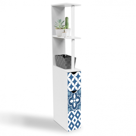 Meuble WC étagère WILLY 2 portes motif carreaux de ciment bleu