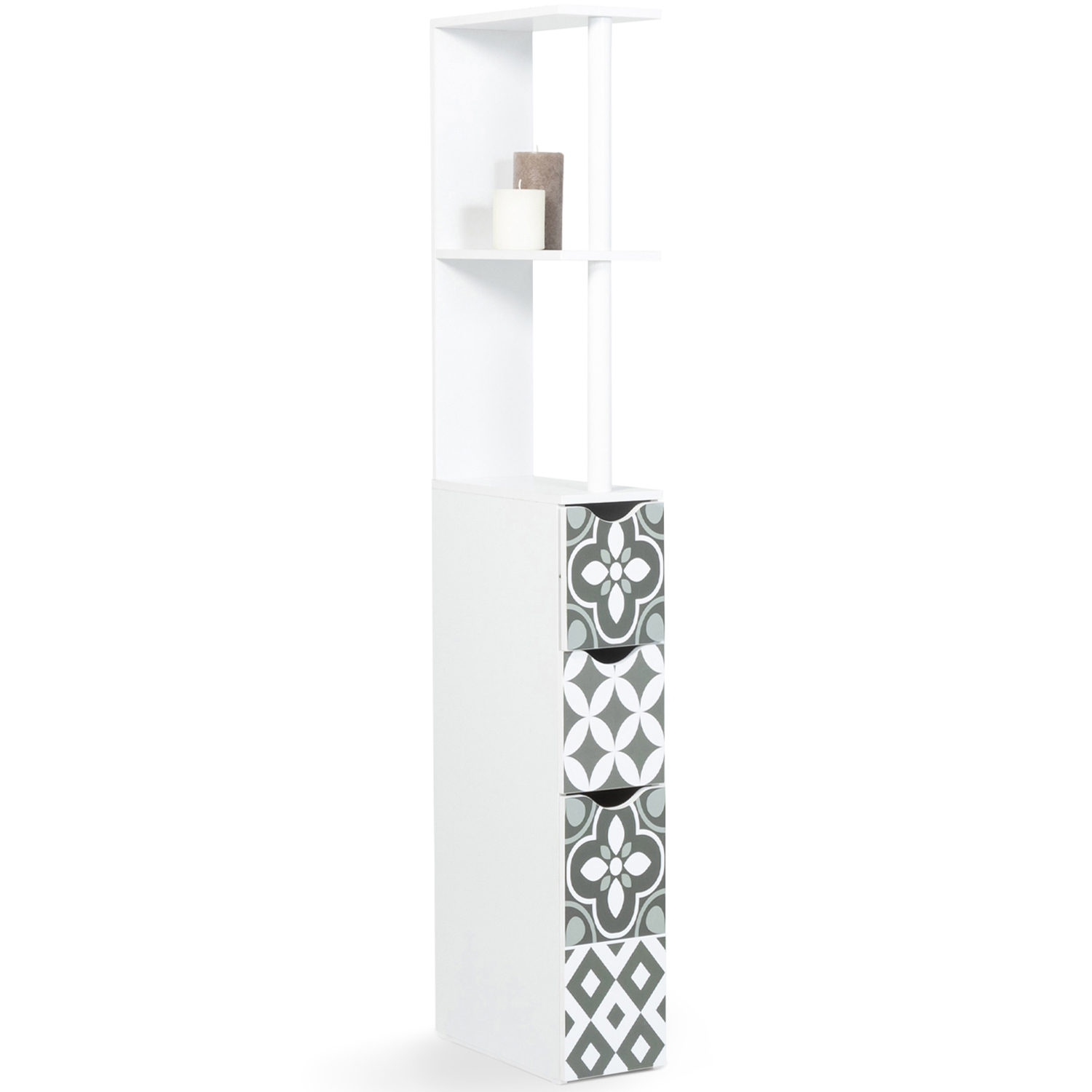 Meuble de toilette blanc et gris motif carreaux de ciment 3 portes