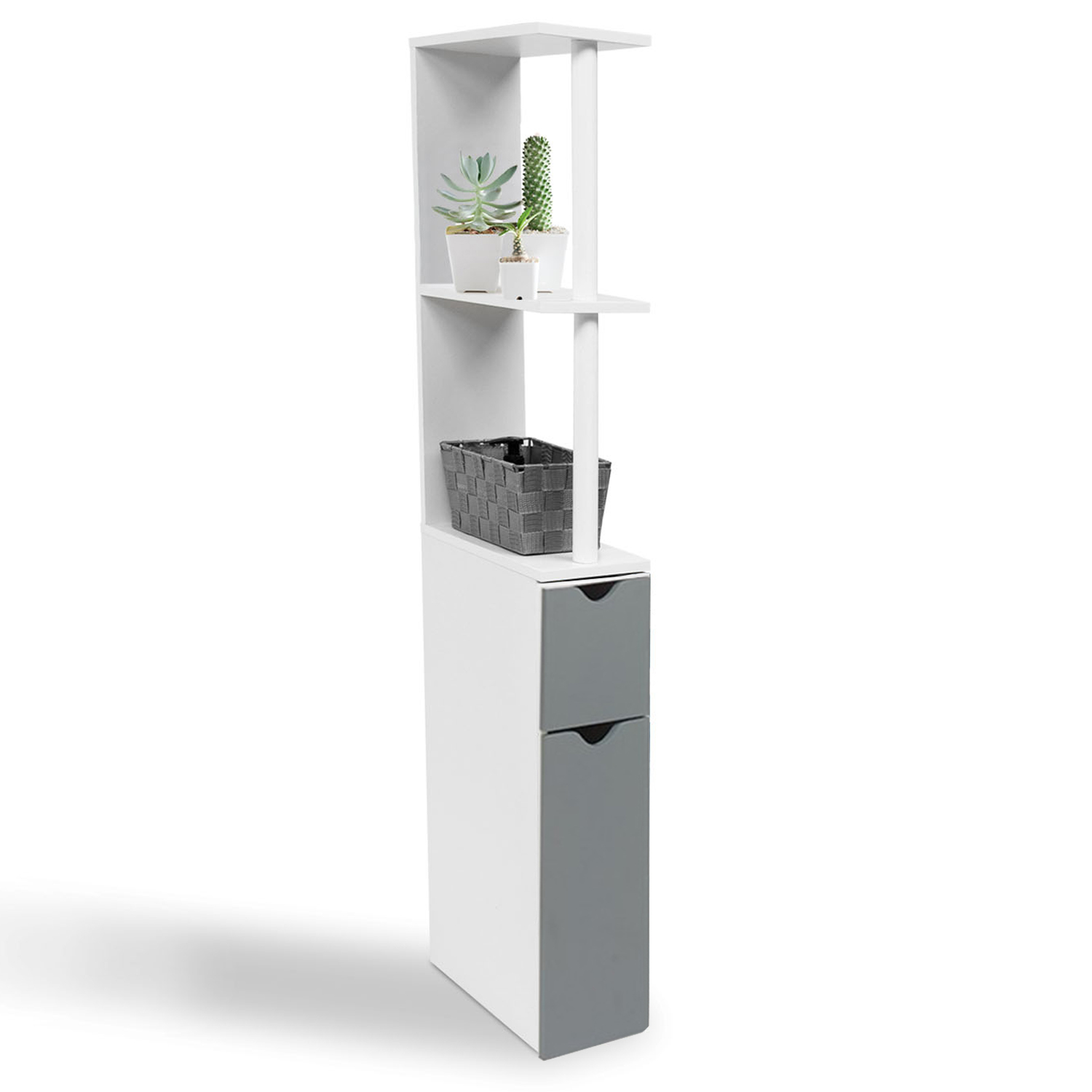 Meuble de toilette blanc et gris avec étagères
