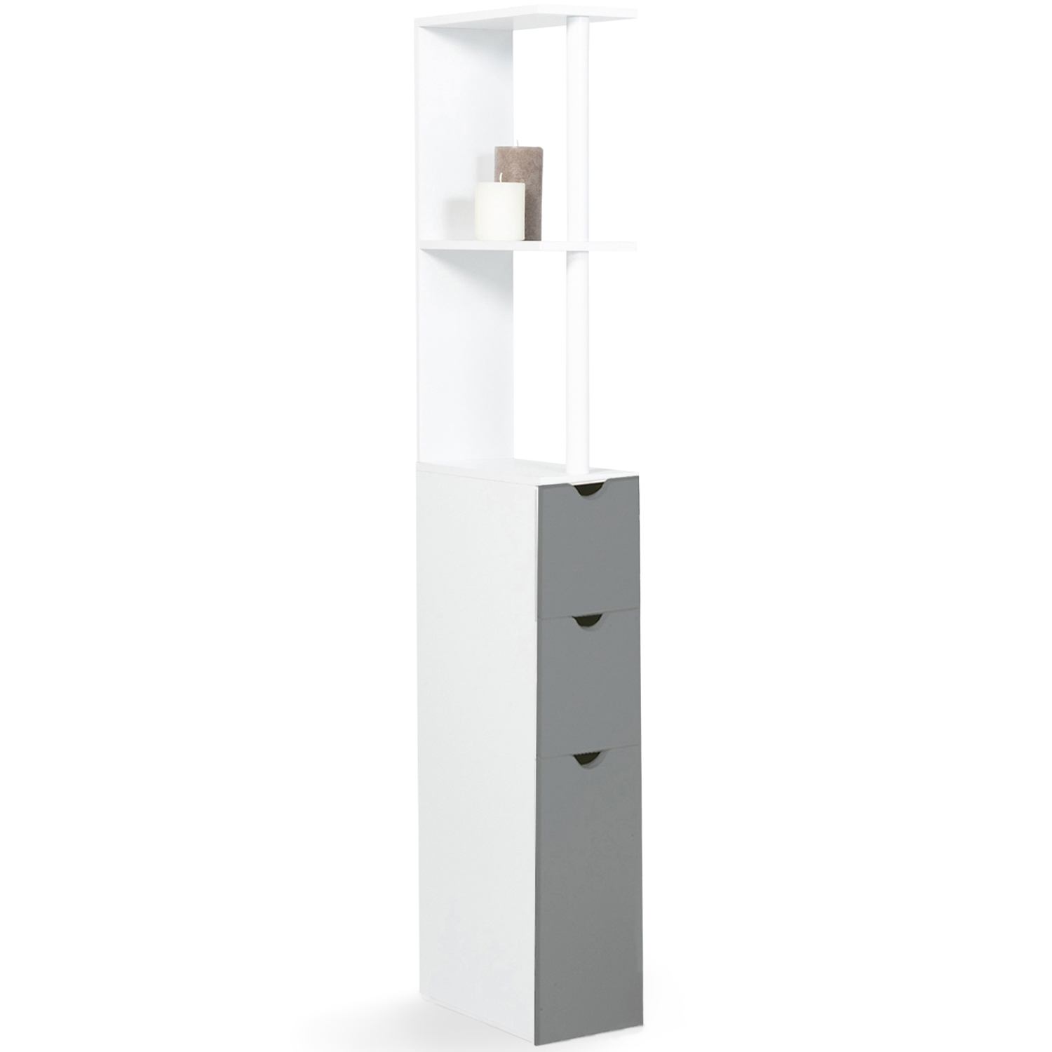 Meuble de toilettes étagère bois 3 portes blanc et gris