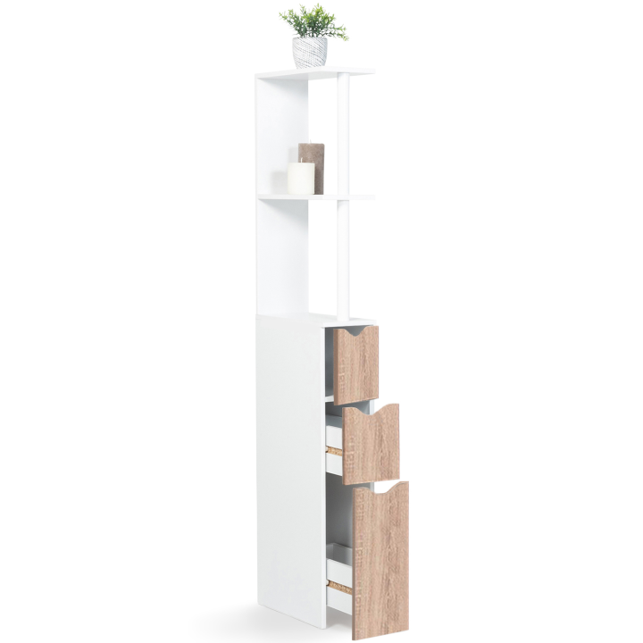 Meuble WC étagère bois WILLY 3 portes blanc et hêtre