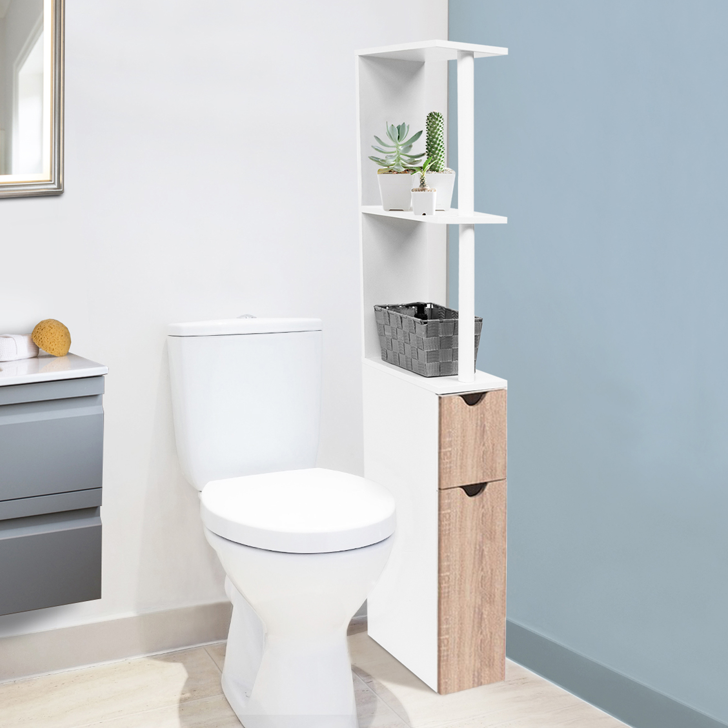 Meuble WC au-Dessus de Toilettes en Bois avec 2 Portes en Verre Trempé et  Étagère Réglable 60 x 30 x 173 cm Blanc