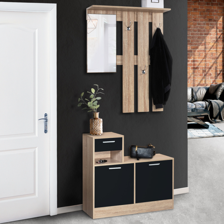 Vestiaire d'entrée avec miroir design hêtre portes noires Vestiaire d'entrée avec miroir design hêtre portes noires