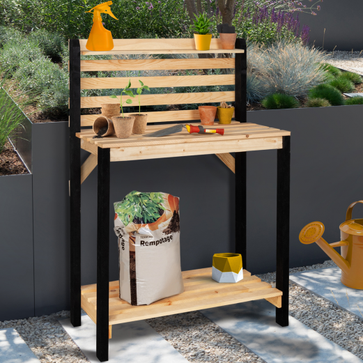 Table de plantation rempotage et préparation en bois naturel et noir avec fond et étagère Table de plantation rempotage et préparation en bois naturel et noir avec fond et étagère