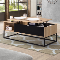 14696 - Tavolino industriale con contenitore e piano nero sollevabile Table basse plateau relevable BOSTON avec rangements design industriel