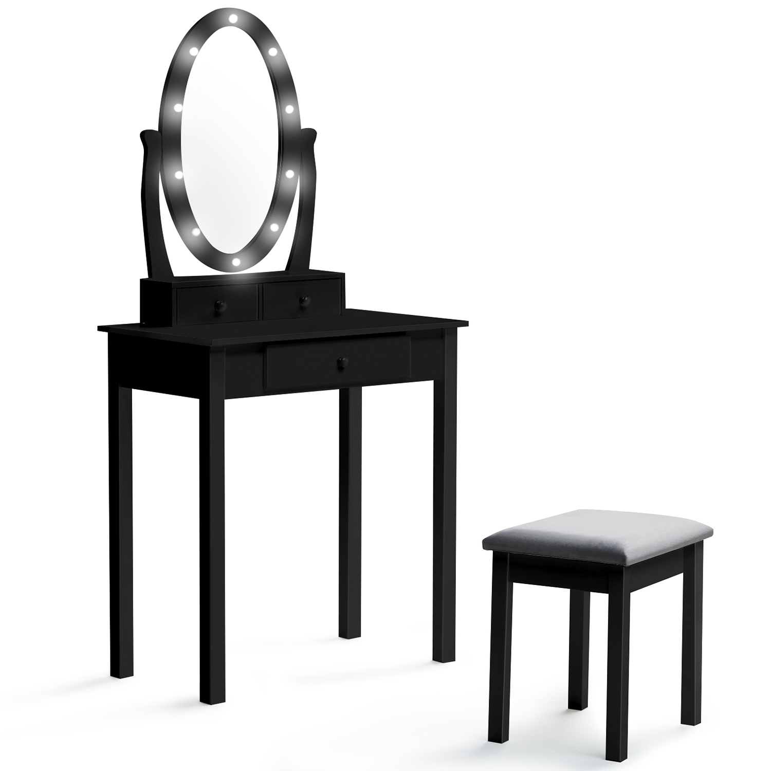 Coiffeuse noire 5 tiroirs 1 miroir central avec éclairage LED Bromo