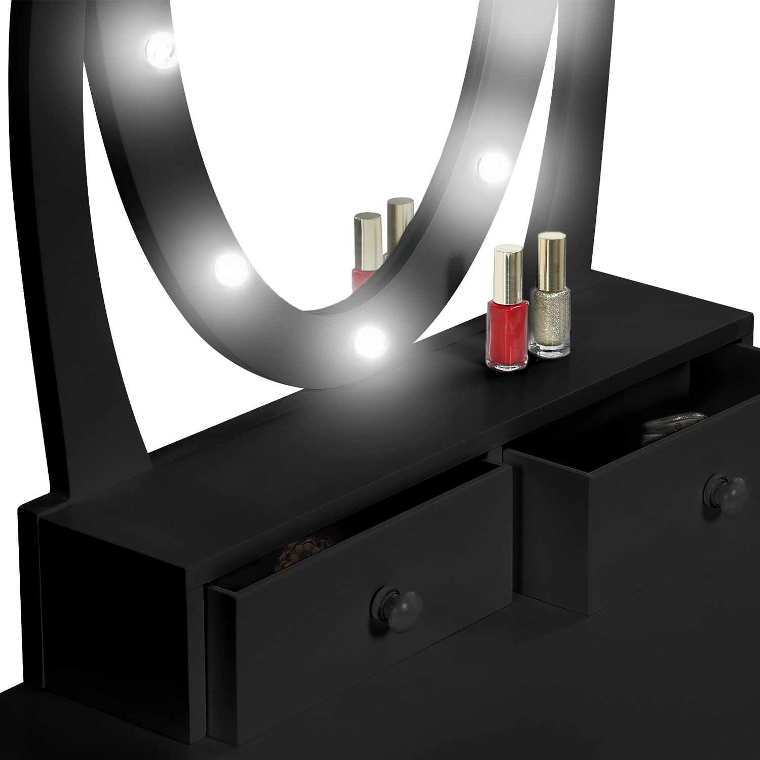 Coiffeuse noire 5 tiroirs 1 miroir central avec éclairage LED Bromo