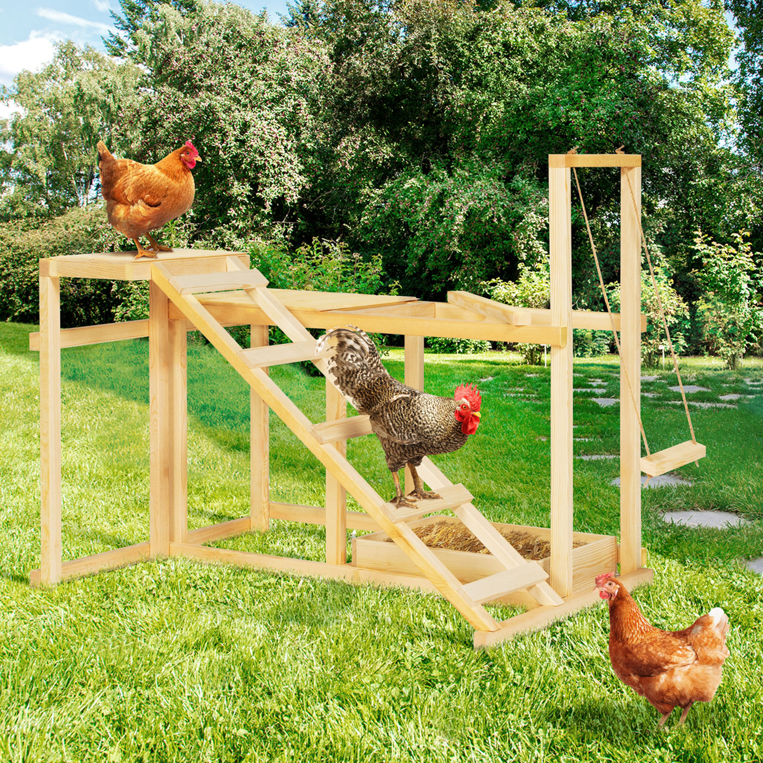 Aire de jeux en bois pour poules avec balançoire et perchoir