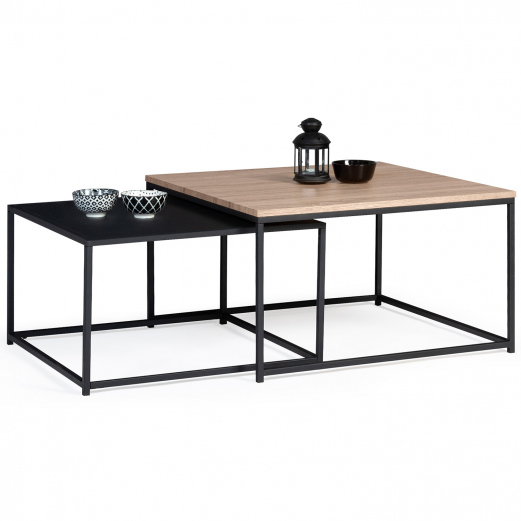 Lot de 2 tables basses gigognes DENTON 60/70 métal noir et bois design industriel
