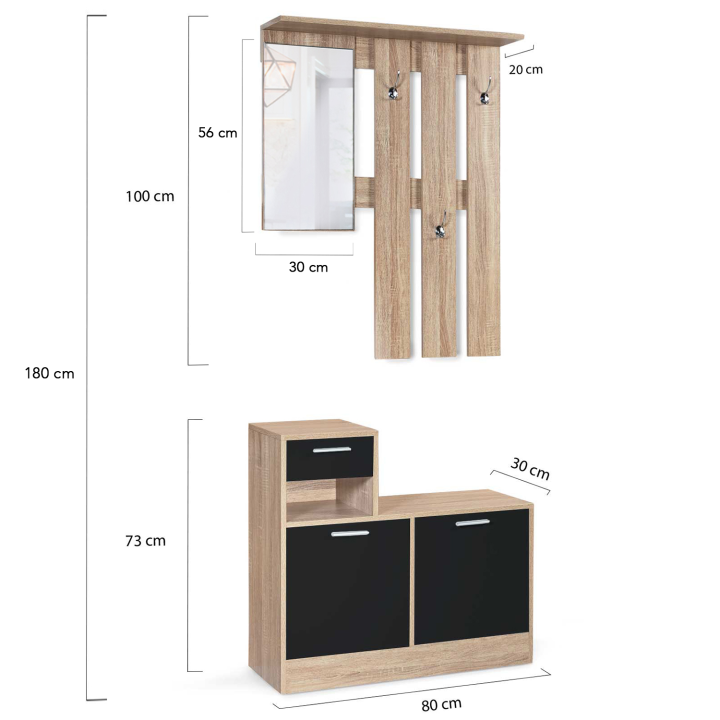 Vestiaire d'entrée avec miroir design hêtre portes noires Vestiaire d'entrée avec miroir design hêtre portes noires