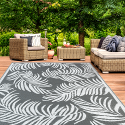 13572 - Tappeto per esterni terrazzo motivo tropicale grigio e bianco 160 x 260 cm Tapis extérieur COCO tropical gris et blanc 160 x 260 CM