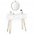 Coiffeuse JODIE 2 tiroirs pieds épingle dorés avec miroir suspendu