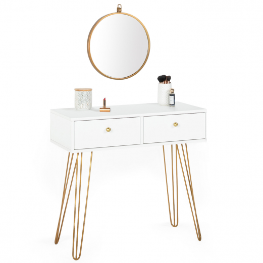 Coiffeuse JODIE 2 tiroirs pieds épingle dorés avec miroir suspendu