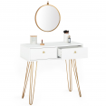 Coiffeuse JODIE 2 tiroirs pieds épingle dorés avec miroir suspendu