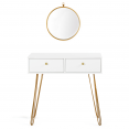Coiffeuse JODIE 2 tiroirs pieds épingle dorés avec miroir suspendu