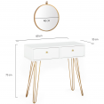 Coiffeuse JODIE 2 tiroirs pieds épingle dorés avec miroir suspendu