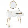 Coiffeuse JODIE 2 tiroirs pieds épingle dorés avec miroir suspendu