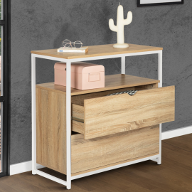 Commode 2 tiroirs DETROIT design industriel avec étagère bois et métal blanc