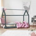 Lit cabane enfant 90 x 190 CM NESSI gris avec sommier et barrières