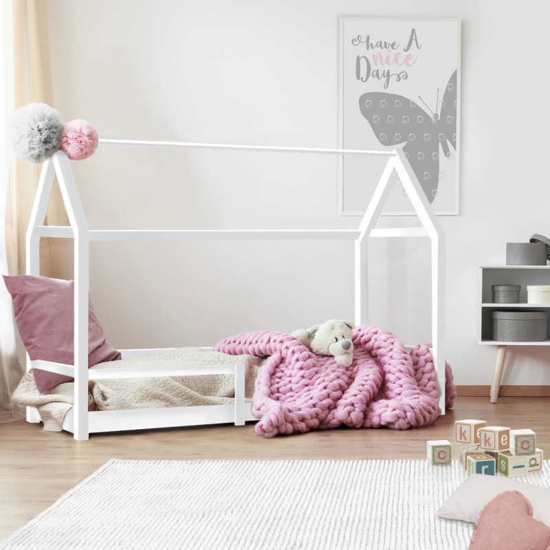 Lit cabane enfant 80 x 160 cm neree blanc avec sommier et