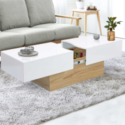 14819 - Tavolino da caffè bianco di design con mini bar integrato Table basse coulissante MARTA bois imitation hêtre et blanc