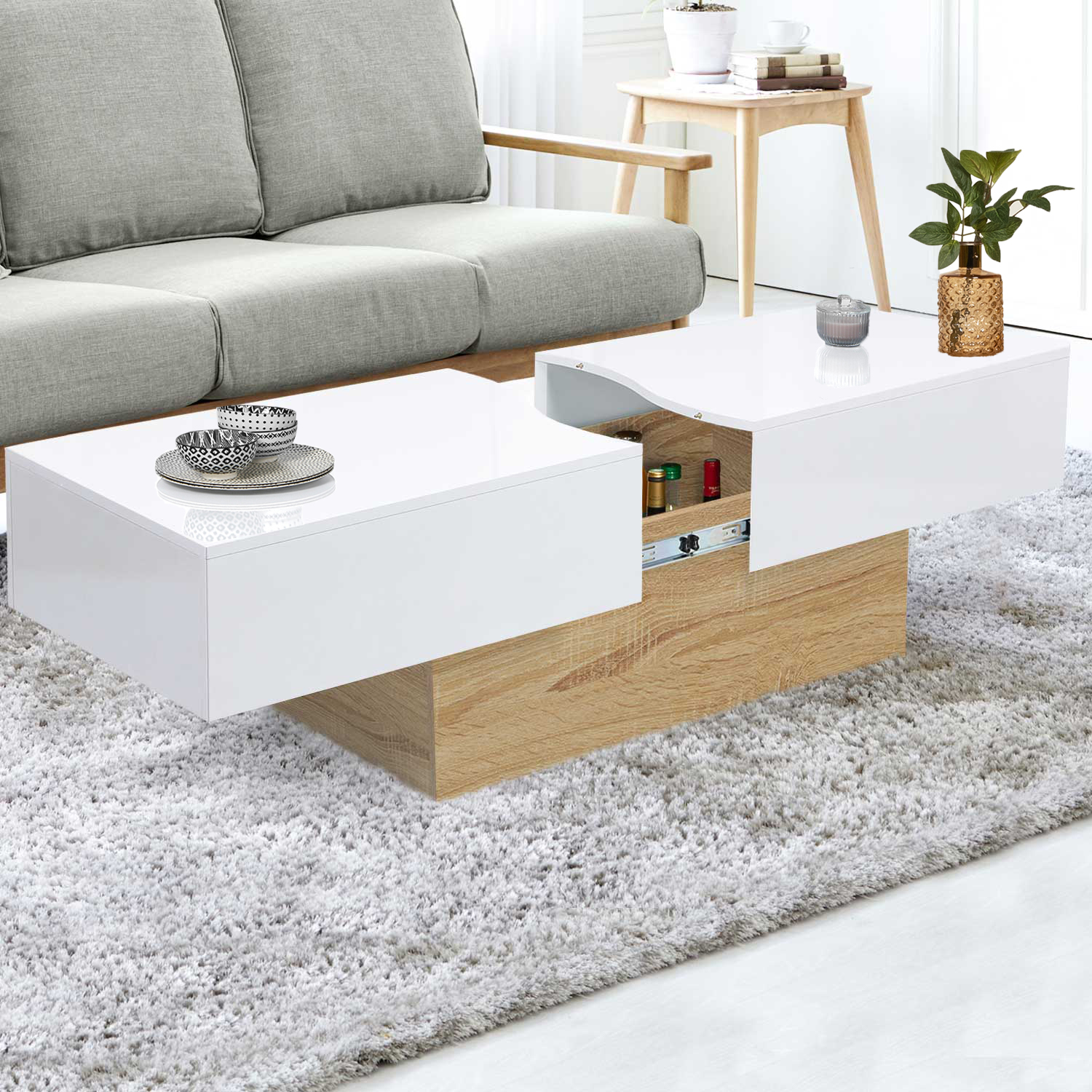 Table basse design blanche avec rangement mini bar intégré