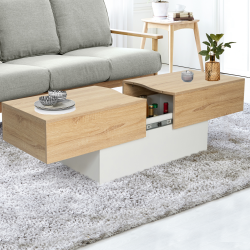 13920 - Tavolino da caffè di design con mini bar integrato Table basse bar coulissante MARTA bois blanc et imitation hêtre