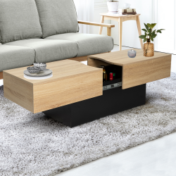 14336 - Moderno tavolino da caffè bicolore con portaoggetti mini bar integrato Table basse coulissante MARTA bois noir et imitation hêtre