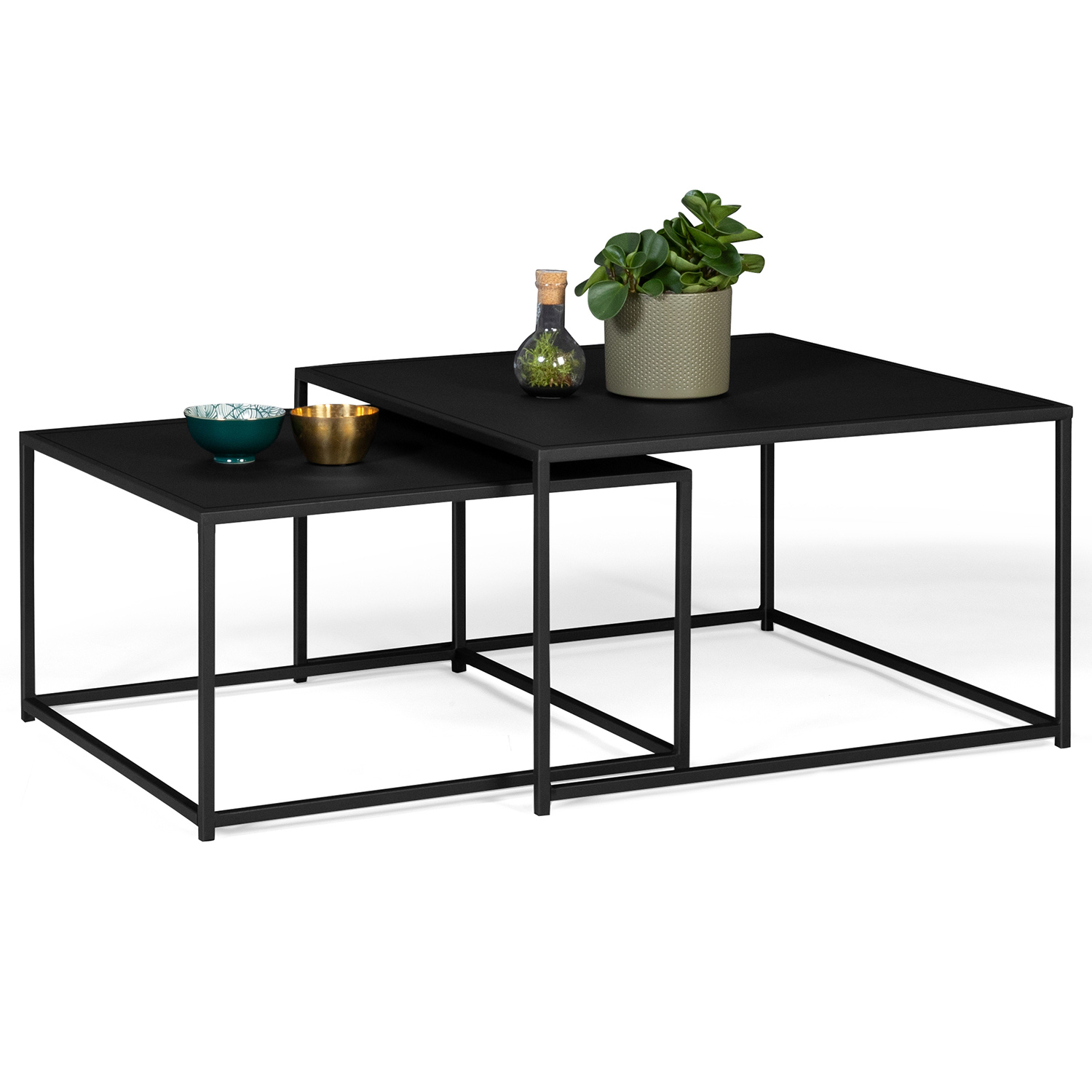 Lot de 2 tables gigognes métal noir carrées 60 cm et 70 cm