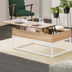 14612 - Tavolino industriale in legno e bianco con piano sollevabile Table basse plateau relevable DETROIT design industriel bois et métal blanc