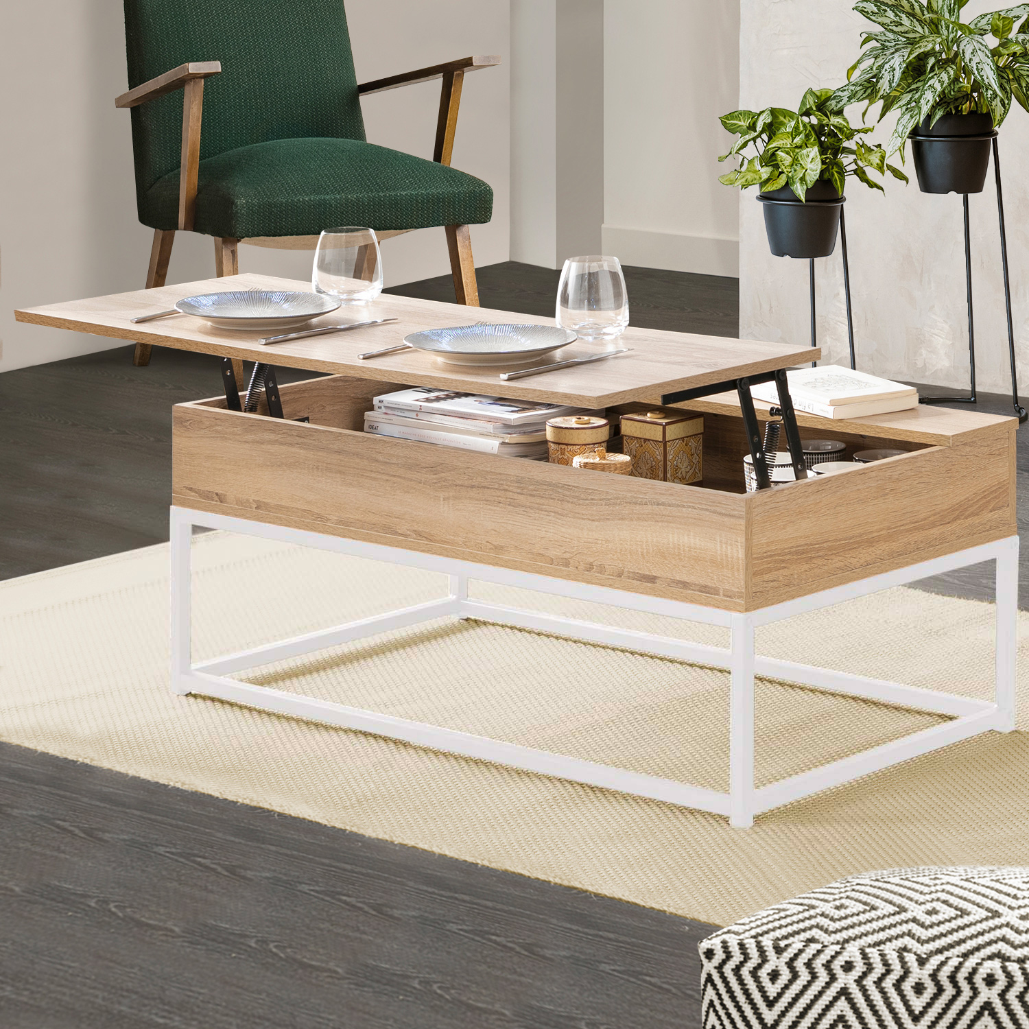 Table basse industrielle blanche et bois avec plateau relevable