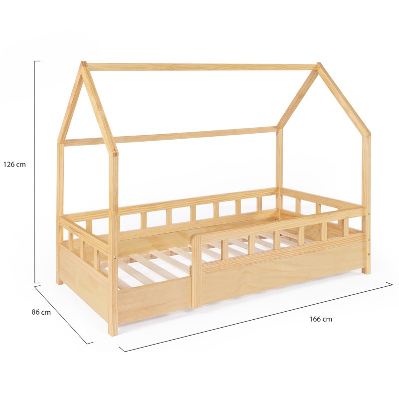 Lit cabane enfant au sol 80 x 160 cm, avec barrières, en bois