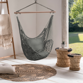 Fauteuil suspendu bohème 2 coussins gris design macramé Fauteuil suspendu bohème 2 coussins gris design macramé